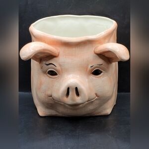 Vintage Ceramic Pig Planter Cachepot Pink Farmhouse Kitchen Decor Handmade